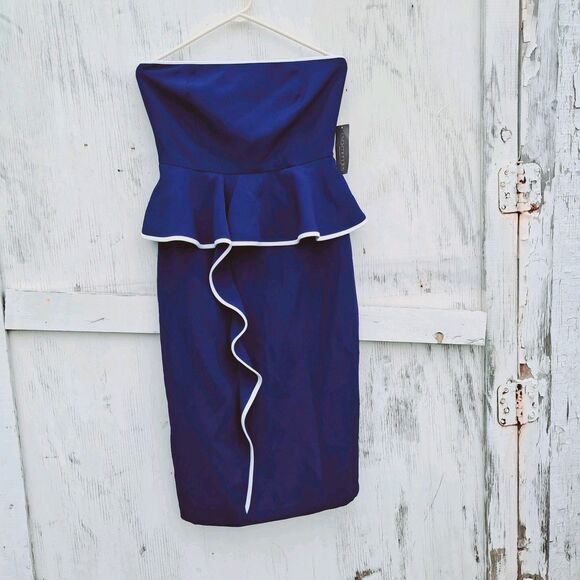 Eva Mendes NY & Company Strapless Navy Peplum Ruffled Midi Coctail Dress 6 Nwt - Picture 2 of 8